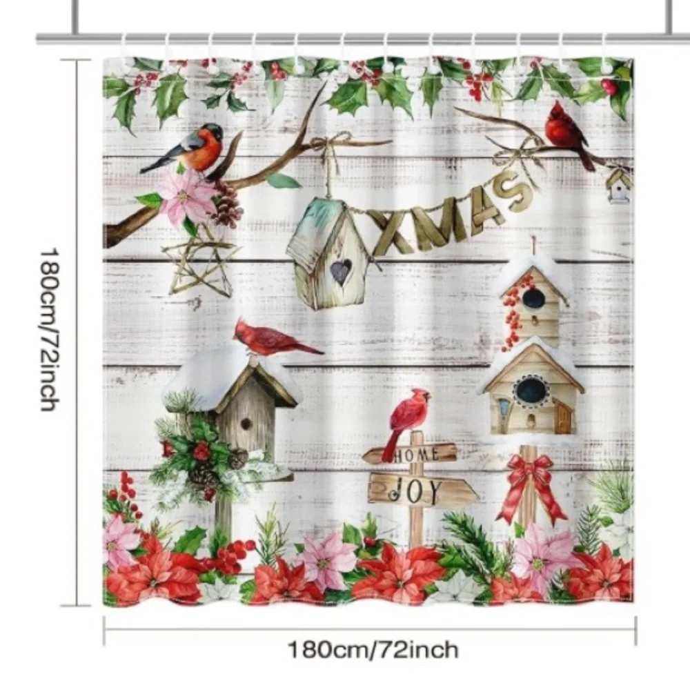 ✨🎄✨Festive Christmas Shower Curtain/Photo Backdrop with Birds and Birdhouses